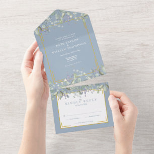 Invitation Tout En Un Mariage Monogramme Feuillage de Lilas Bleu Poussié