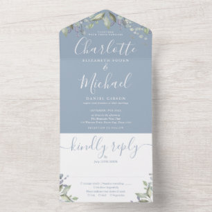 Invitation Tout En Un Mariage Monogramme Floral Bleu Poussière en écritu