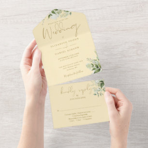 Invitation Tout En Un Mariage Monogramme Floral Jaune Bouton d'Or et Or