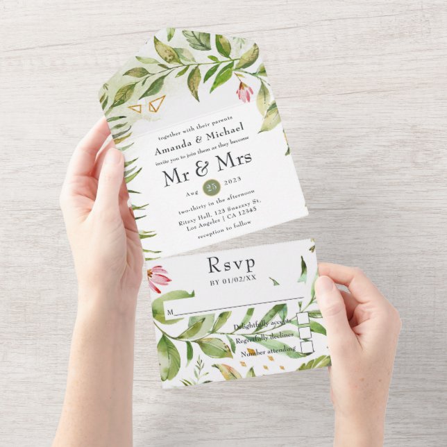 Invitation Tout En Un Mariage Monogramme géométrique Cristal vert (Déchirure)