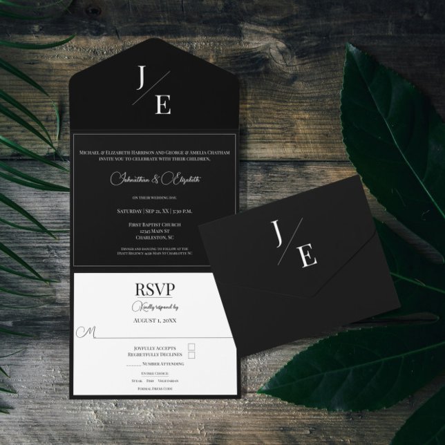 Invitation Tout En Un Mariage monogramme minimal | Noir (Minimalist Monogram Wedding Black All in One Invitation)