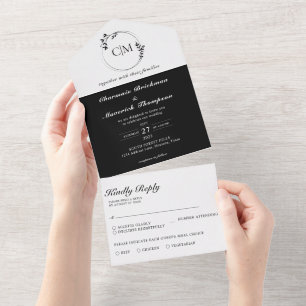 Invitation Tout En Un Mariage Monogramme Noir Et Blanc Classique Rond