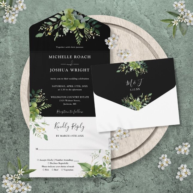 Invitation Tout En Un Mariage Monogramme noir et blanc verdoyant (Greenery Black And White Monogram Wedding All In One Invitation)