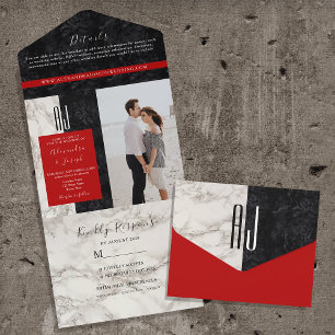 Invitation Tout En Un Mariage Monogramme Rouge Noir et Blanc