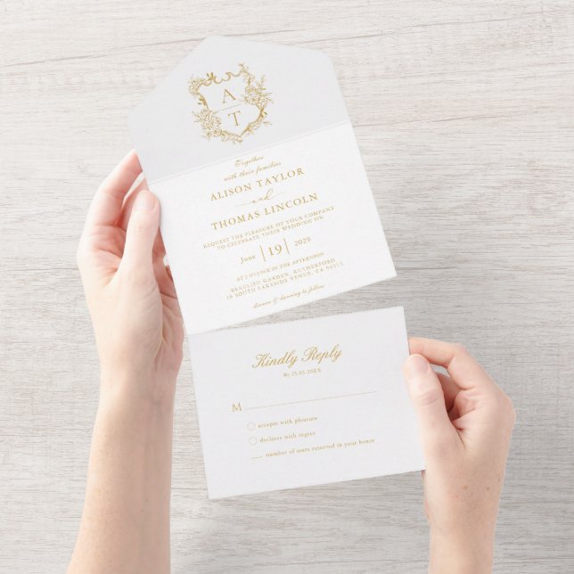 Invitation Tout En Un Mariage Monogramme Script Doré Crête Formel (Déchirure)