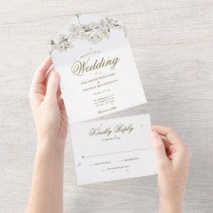 Invitation Tout En Un Mariage Monogramme Script Or Fleur Blanche