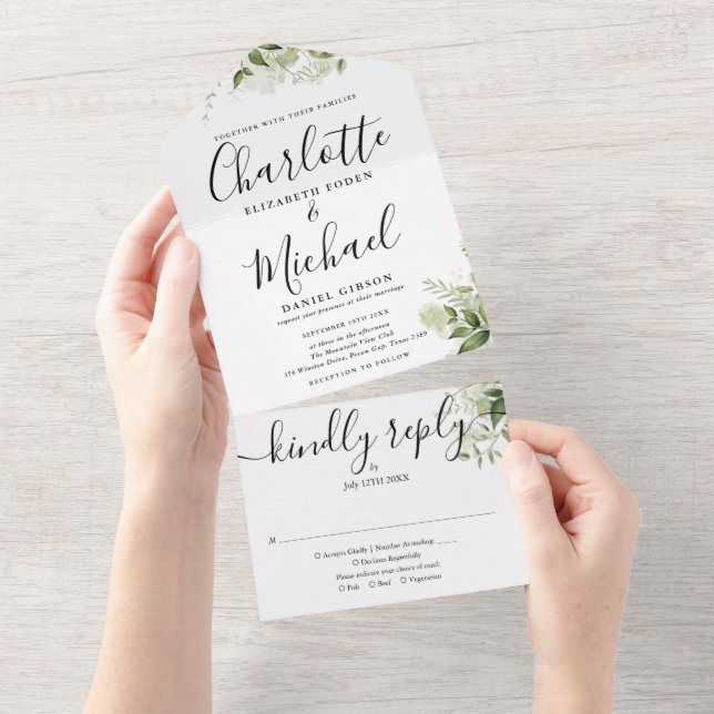 Invitation Tout En Un Mariage Monogramme Script Signature Greenery  (Déchirure)