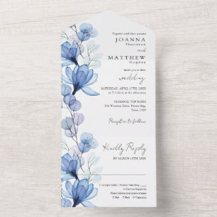 Invitation Tout En Un Mariage monogramme transparent bleu-bleu floral
