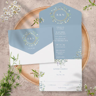 Invitation Tout En Un Mariage Monogramme Verdure Floral Bleu Poussiéreux