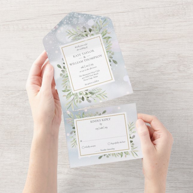 Invitation Tout En Un Mariage Monogramme Verdure Neige d'Hiver (Déchirure)