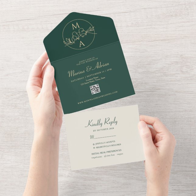 Invitation Tout En Un Mariage Monogramme Vert Émeraude (Déchirure)