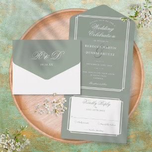 Invitation Tout En Un Mariage Monogramme Vert Sauge Déco Classique