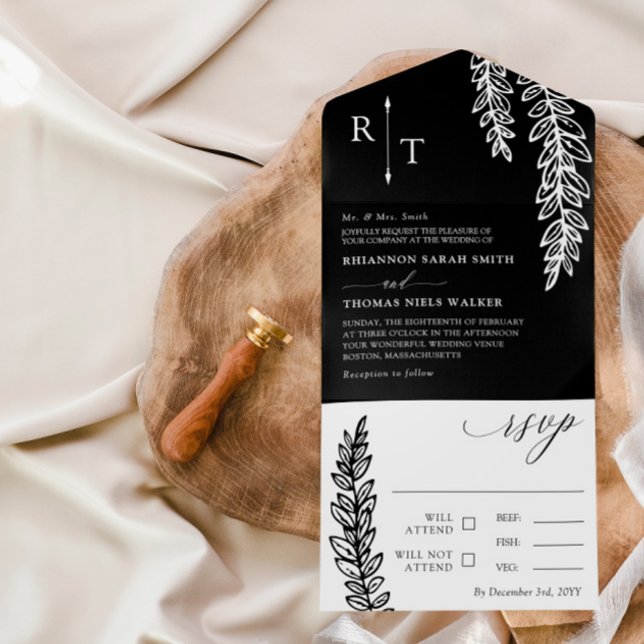 Invitation Tout En Un Mariage monographique noir blanc vert (Créateur téléchargé)