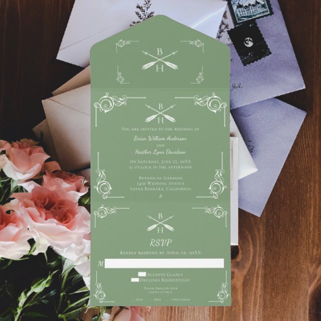 Invitation Tout En Un Mariage Moss Green Monogram et Flèches (Moss Green Monogram and Arrows Wedding All in One Invitation)