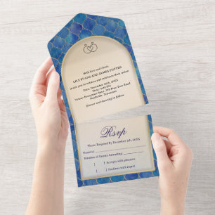Invitation Tout En Un Mariage motif marocain aquarelle bleue