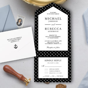 Invitation Tout En Un Mariage nautique Ancres noir et blanc