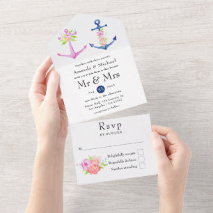 Invitation Tout En Un Mariage naval floral aquarelle