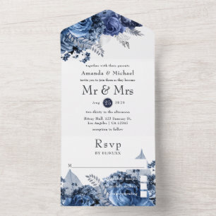 Invitation Tout En Un Mariage Navy et Blanc avec Faux Feuille d'Argent