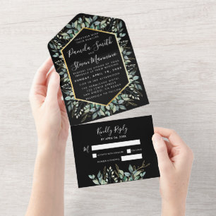 Invitation Tout En Un Mariage noir à trame or Eucalyptus avec RSVP
