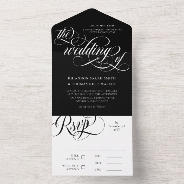 Invitation Tout En Un Mariage noir blanc Elegant Fils (À l'intérieur)