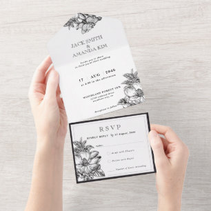 Invitation Tout En Un Mariage noir et blanc classique tout en un RSVP