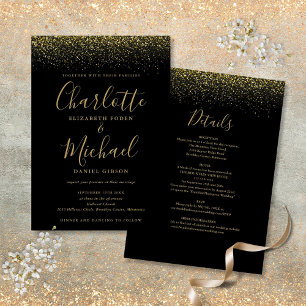 Invitation Tout en Un Mariage Noir et Or Paillettes Écriture