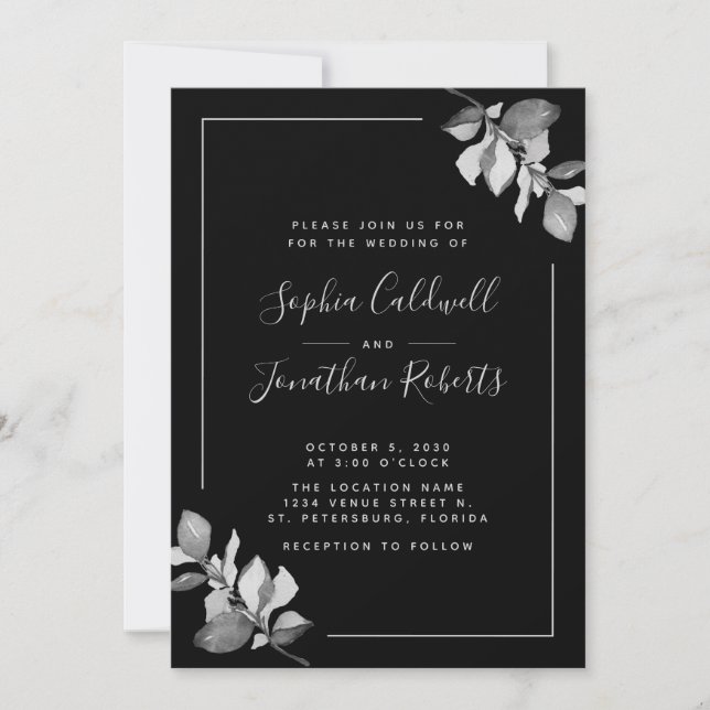 Invitation Tout en un Mariage noir Eucalyptus gris argent (Devant)