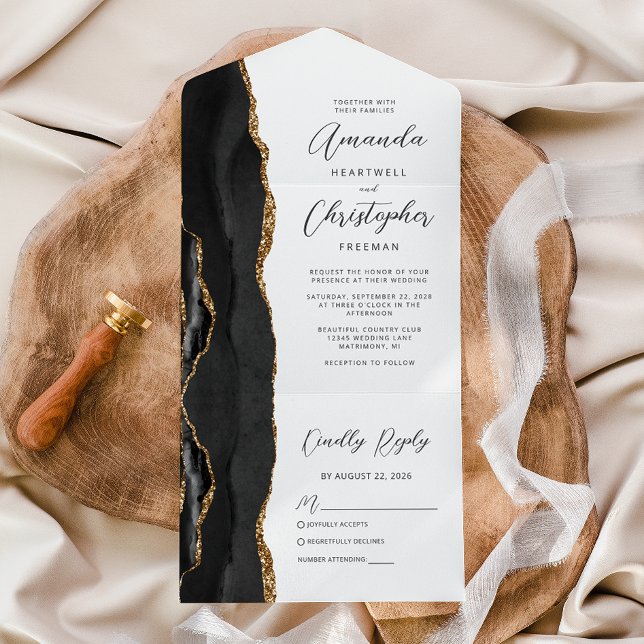 Invitation Tout En Un Mariage noir or agate (Créateur téléchargé)