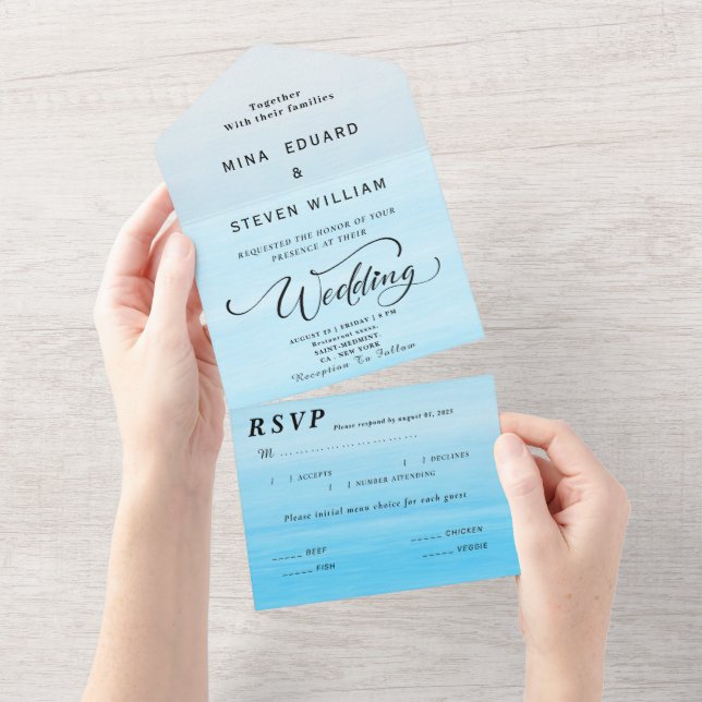 Invitation Tout En Un Mariage océanique bleu clair (Déchirure)