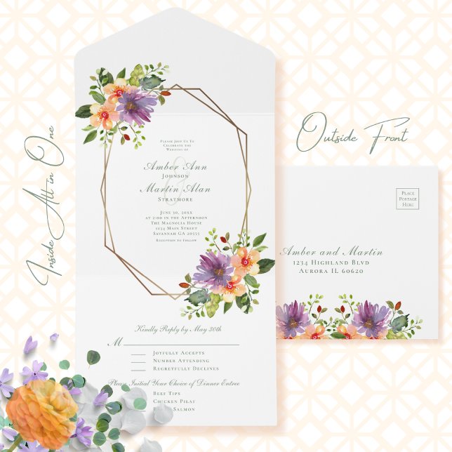 Invitation Tout En Un Mariage octogone de violet Peach Floral (Créateur téléchargé)