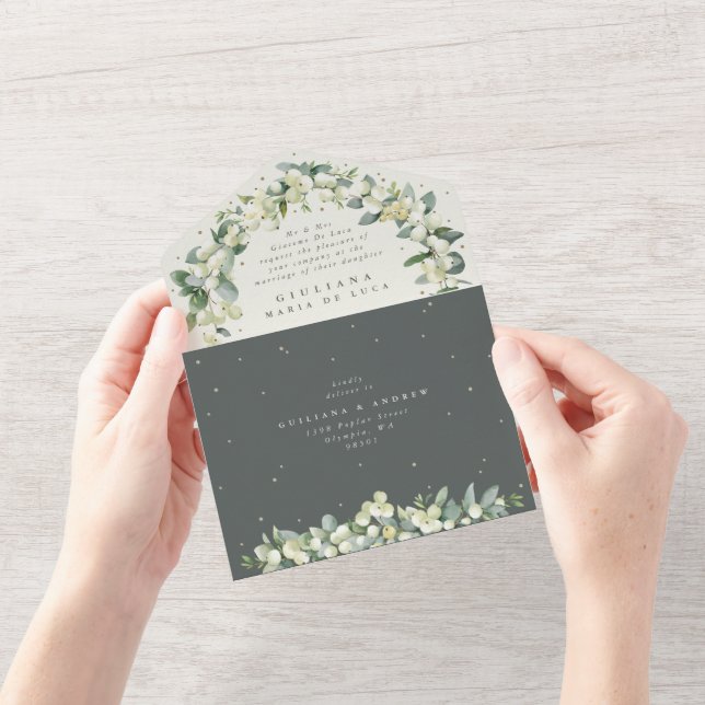 Invitation Tout En Un Mariage officiel vert/crème Snowberry+Eucalyptus (Ouverture)