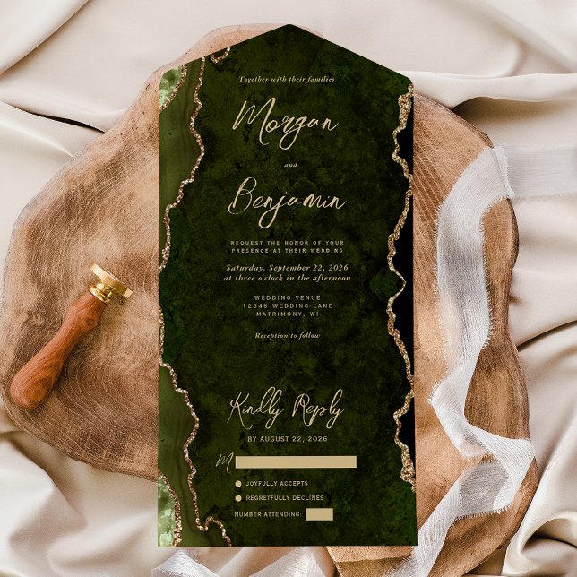 Invitation Tout En Un Mariage Olive Verte Agate Or Script (Créateur téléchargé)