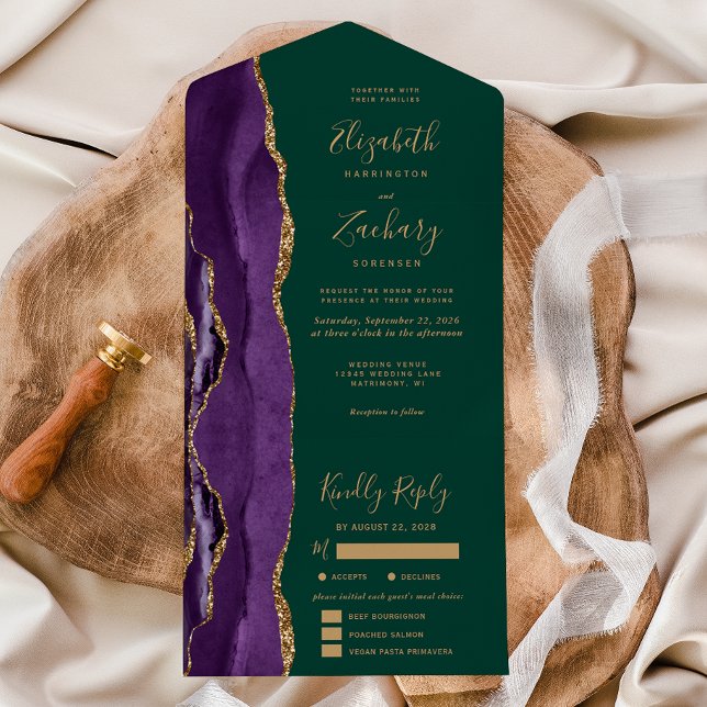 Invitation Tout En Un Mariage Options de Repas Vert Foncé Agate Or Viole (Créateur téléchargé)