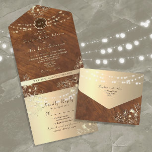 Invitation Tout En Un Mariage or dentelle vintage Floral Bois
