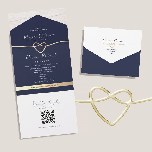 Invitation Tout En Un Mariage Or et Bleu de Nuit avec Code QR (Créateur téléchargé)