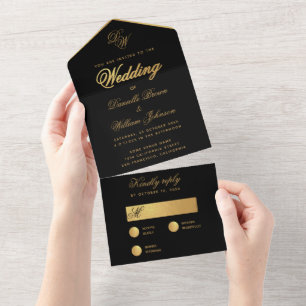 Invitation Tout En Un Mariage Or Noir Simple Élégant Monogramme Script