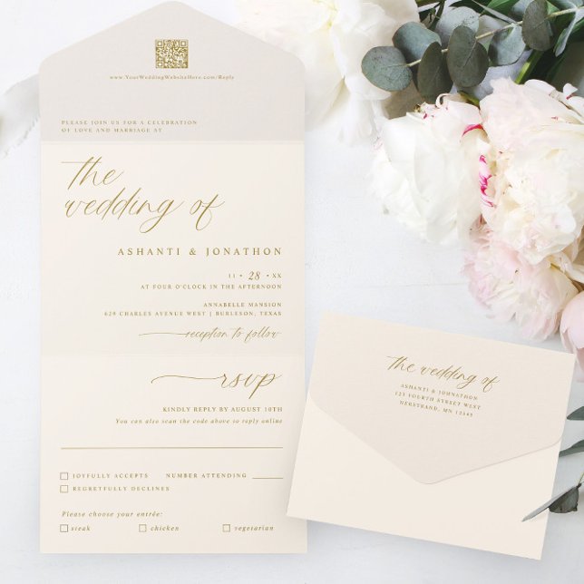 Invitation Tout En Un Mariage Or Romantique Écriture Délicate (Modern Romantic Wedding Invitation - All in One - Gold and Ivory)