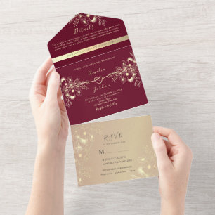 Invitation Tout En Un Mariage or Rose de Bourgogne