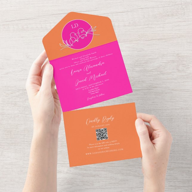 Invitation Tout En Un Mariage Orange et Rose Clair  (Déchirure)