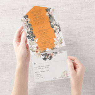 Invitation Tout En Un Mariage orangé tropicale bohème Floral Papaya