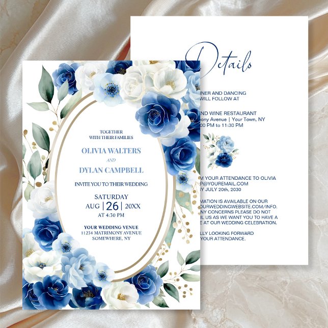Invitation Tout en un Mariage Oval Bleu Floral (Créateur téléchargé)