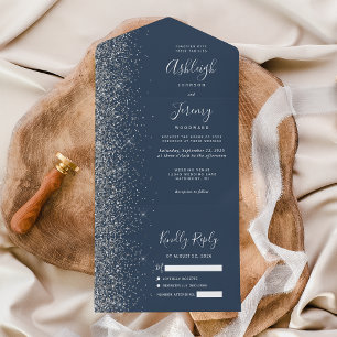 Invitation Tout En Un Mariage Paillettes Bleu Indigo Moderne Argent