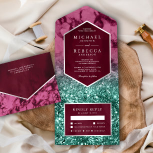 Invitation Tout En Un Mariage Paillettes Marbre Magenta Moderne