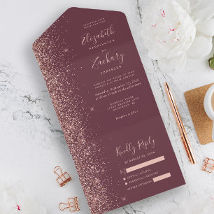 Invitation Tout En Un Mariage Paillettes Moderne Rose Gold Foncé Bourgog