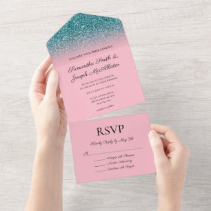 Invitation Tout En Un Mariage Paillettes Ombré Turquoise et Rose