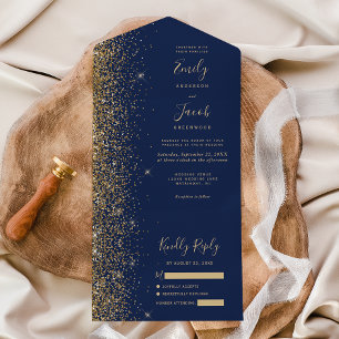 Invitation Tout En Un Mariage Paillettes Or Bleu Nuit Moderne