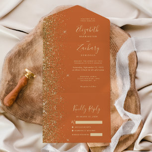 Invitation Tout En Un Mariage Paillettes Or Orange Brûlé Moderne