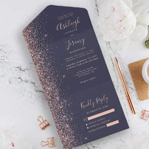 Invitation Tout En Un Mariage Paillettes Or Rose Moderne Bleu Foncé