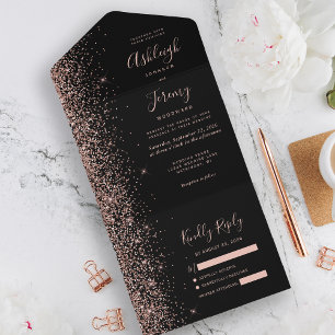 Invitation Tout En Un Mariage Paillettes Or Rose Moderne Noir