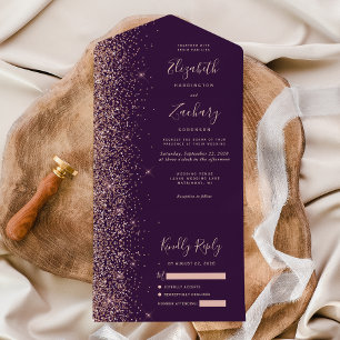 Invitation Tout En Un Mariage Paillettes Or Rose Moderne Violet Foncé